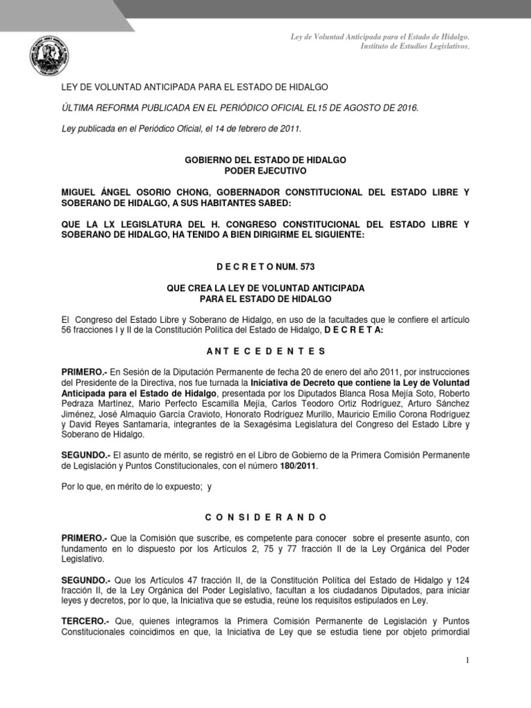 Ley de Voluntad Anticipada para El Estado de Hidalgo | PDF | Cuidados