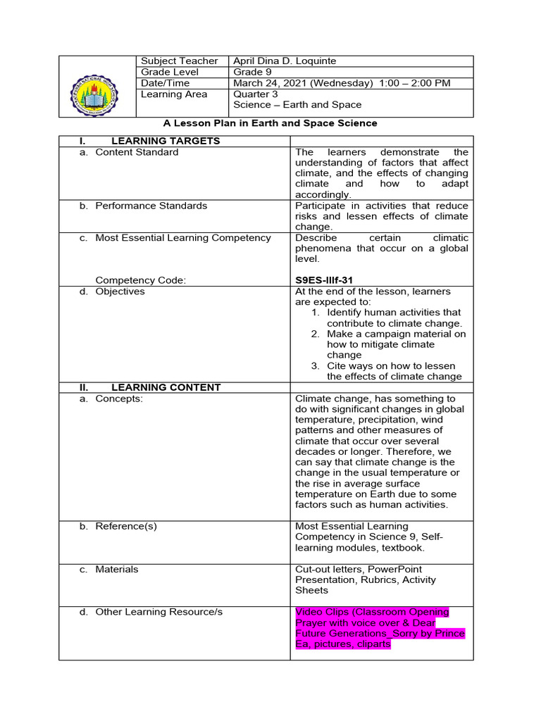 Grade 9 Lesson Plan: Climate Change | PDF | Climate Change | Climate