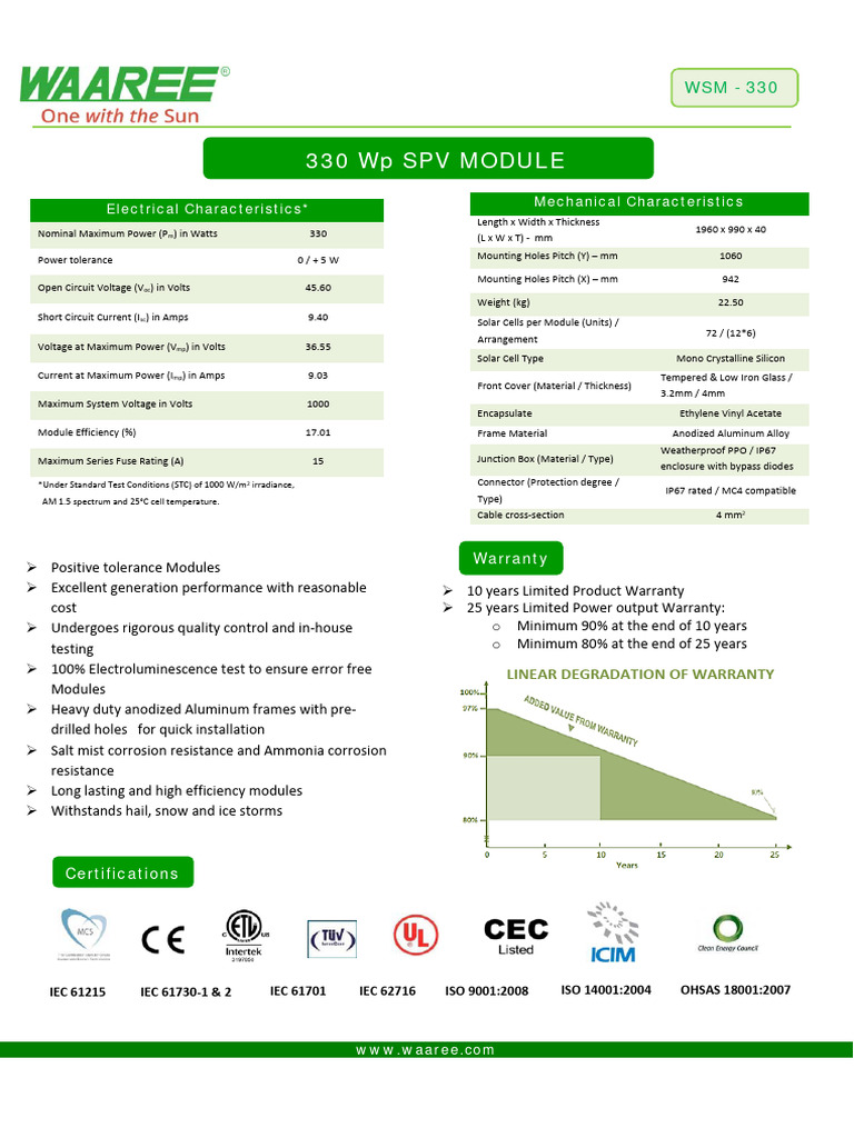 Waaree 330W Solar Panel Specifications | PDF | Solar Panel | Electrical ...