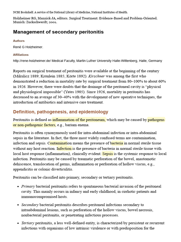 Management of Secondary Peritonitis Surgical Treatment NCBI