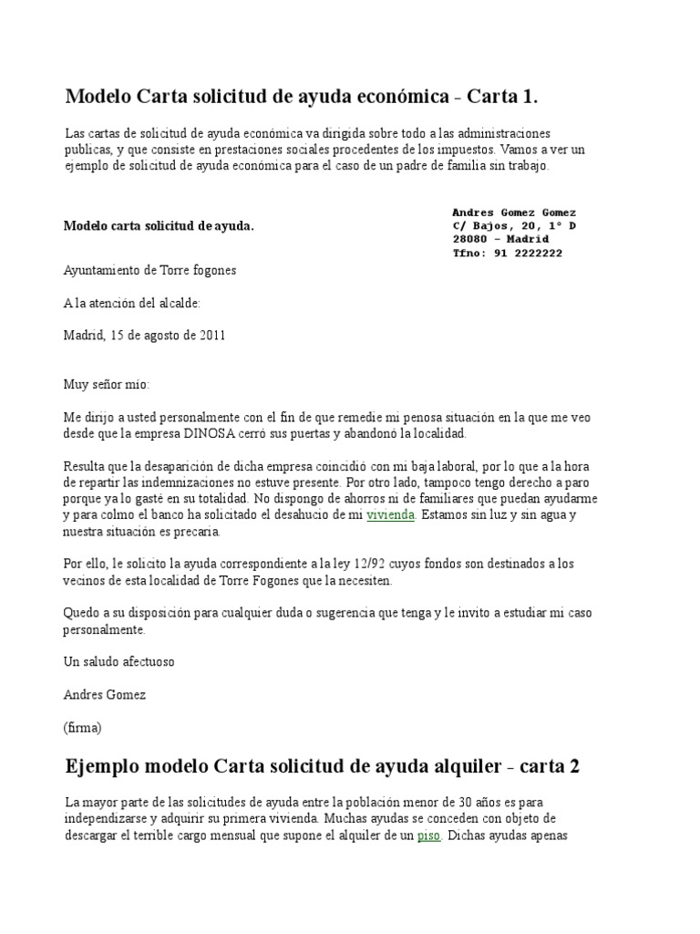 Modelo Carta solicitud de ayuda económica