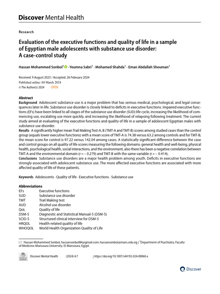 Evaluation of the executive functions and quality of life and