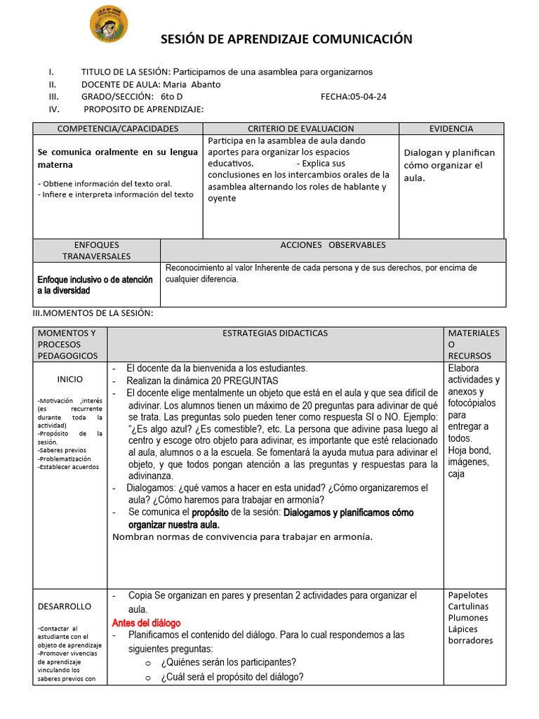 Asamblea para Organizar el Aula 6to D | PDF | Salón de clases | Aprendizaje