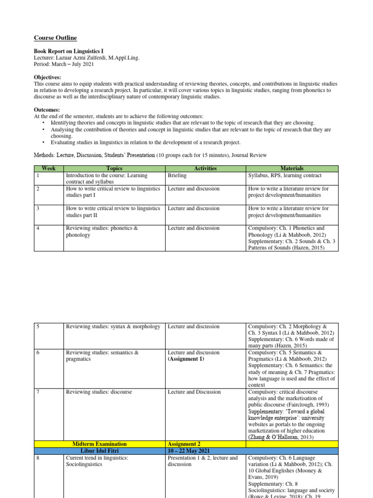 Linguistics I Course Outline and Objectives | PDF | Linguistics ...