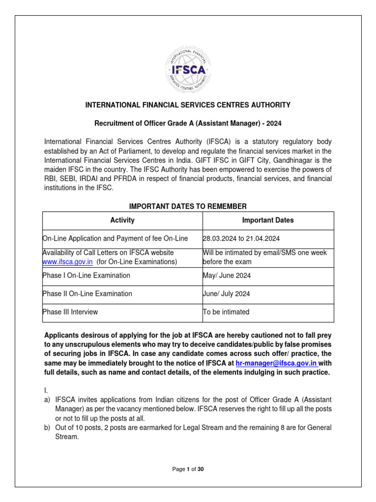 IFSCA Officer Grade A Recruitment 2024 | PDF | Identity Document ...