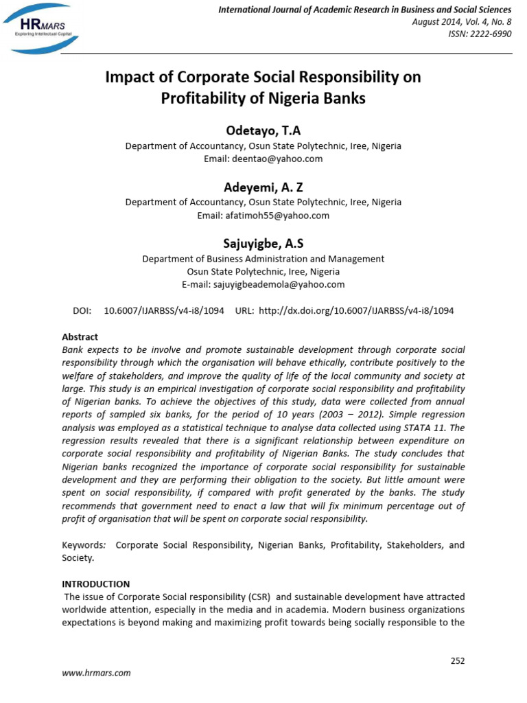 CSR Impact on Nigerian Banks' Profitability | PDF | Corporate Social ...