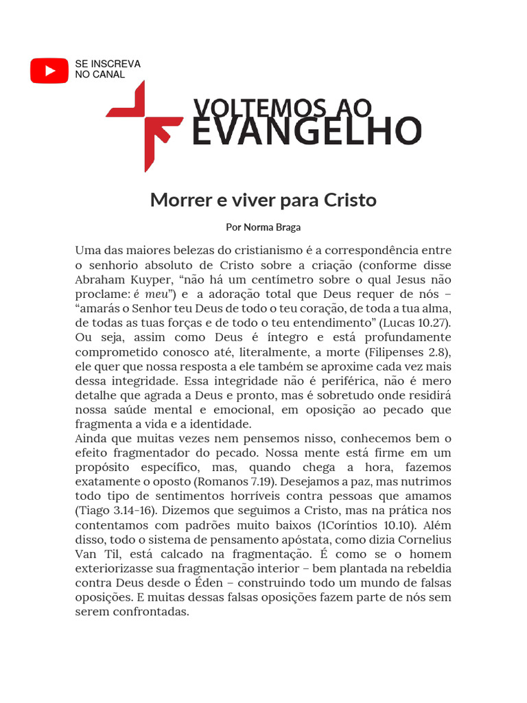 Morrer E Viver Para Cristo Pdf Deus Família