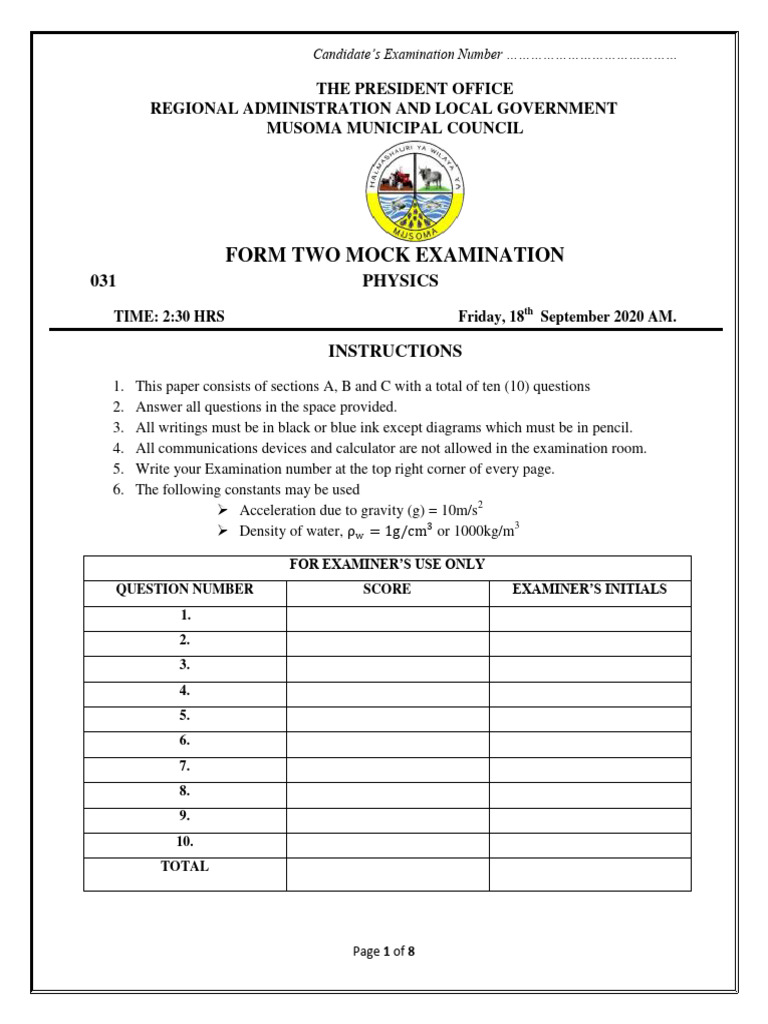 Form Two Physics Mock Exam 2020 | PDF | Weight | Center Of Mass