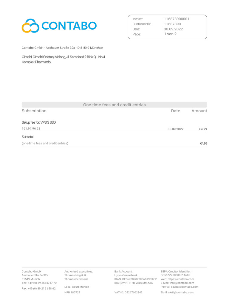 Contabo Subscription Invoice Details | PDF | Invoice | Pay Pal