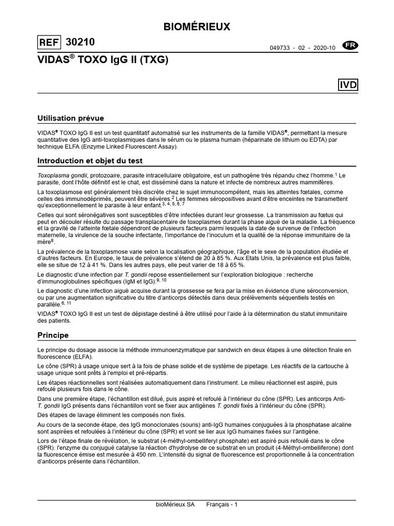 Biom rieux 30210 Vidas Toxo Igg Ii TXG Utilisation Pr vue PDF 