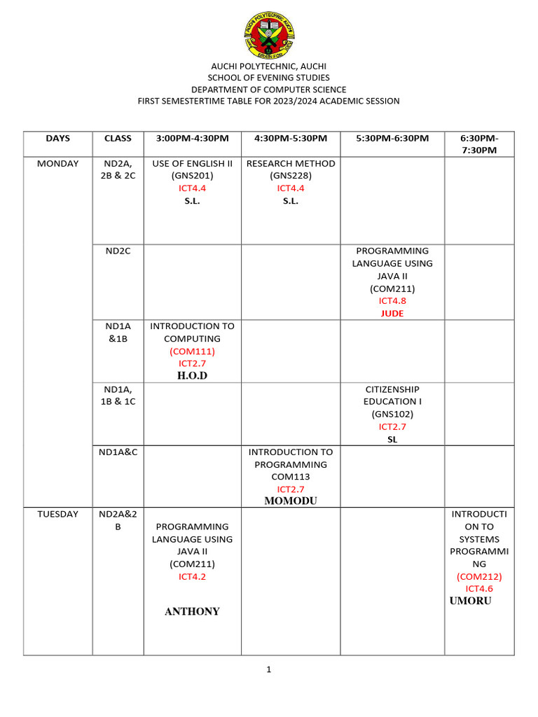 Timetable First Semester 2023-2024 | PDF | Computer Programming ...