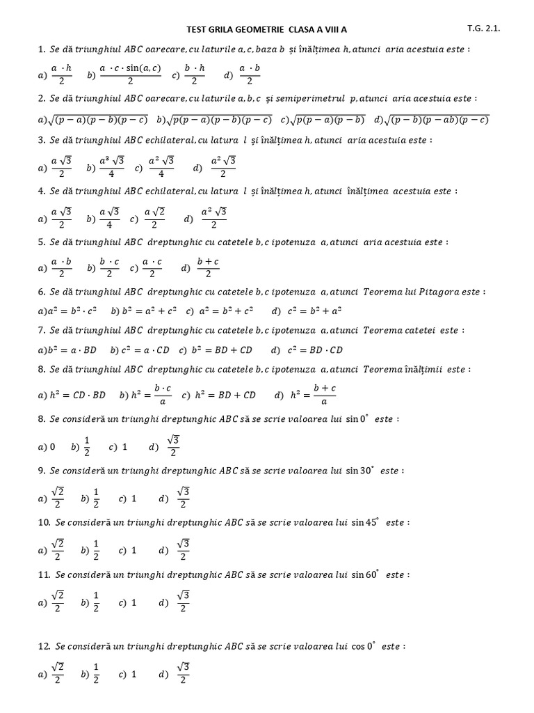Test Grila Formule Geometrie Evaluare Nationala V 1.2 | PDF