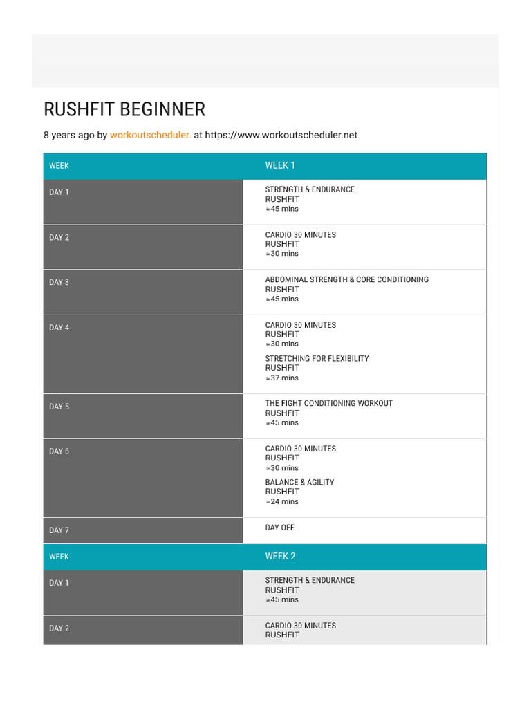 Rushfit Beginner Workout Scheduler PDF Flexibility (Anatomy