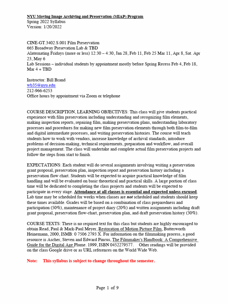 Film Preservation Course Syllabus 2022 | PDF | Discrimination | Harassment
