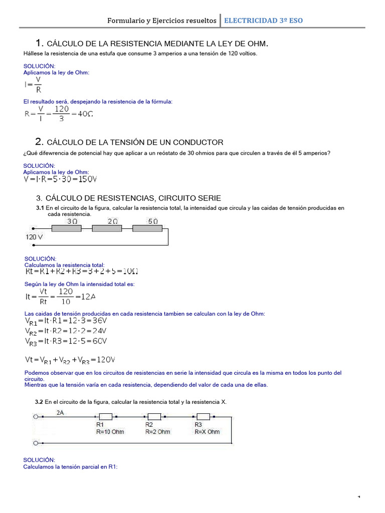 Ejercicios de Electricidad 3º ESO | PDF | Resistencia Eléctrica y ...