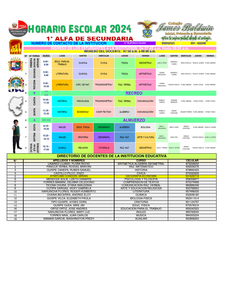 Horario Colegio 2024 Secundaria - 1 | PDF