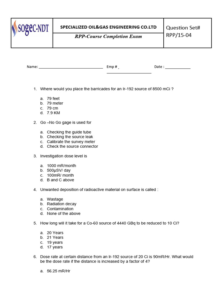 RPP Course Completion Exam Questions | PDF | Radioactive Decay | Dosimetry