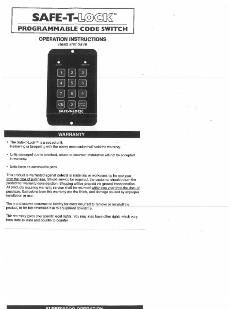 SAFETLOCK KEY PAD PDF