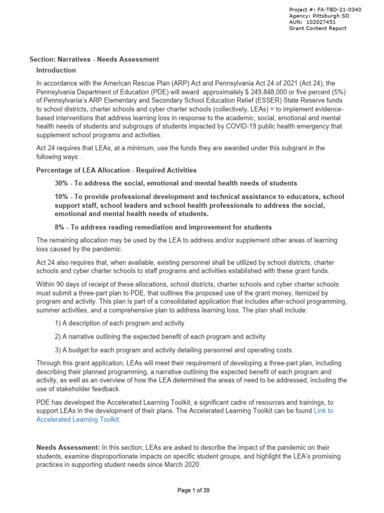 Pennsylvania LEA Needs Assessment Guide | PDF | Behavior Modification ...