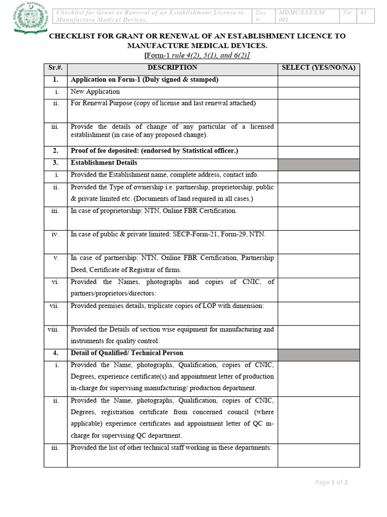 Checklist For Grant or Renewal of An Establishment License To Manufacture Medical Devices. PDF