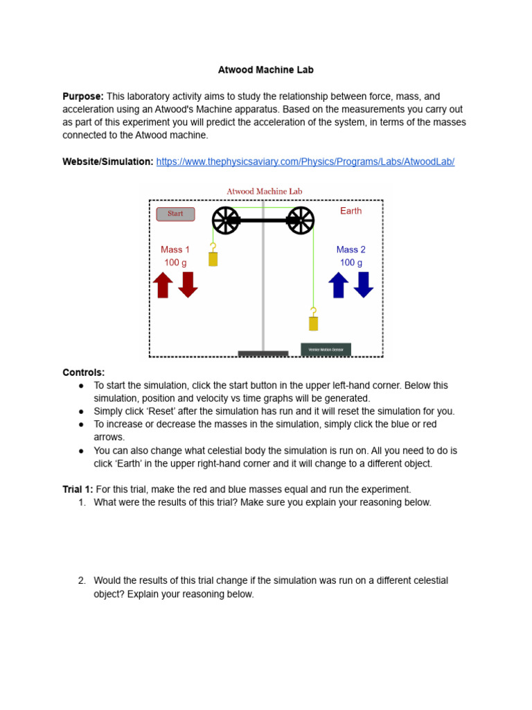 Atwood Machine Lab (Virtual) PDF