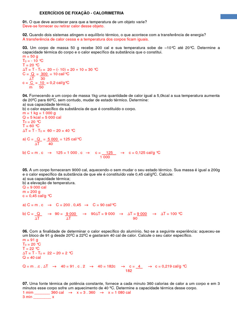 Exercícios de Calorimetria e Cálculos | PDF | Calor | Capacidade térmica
