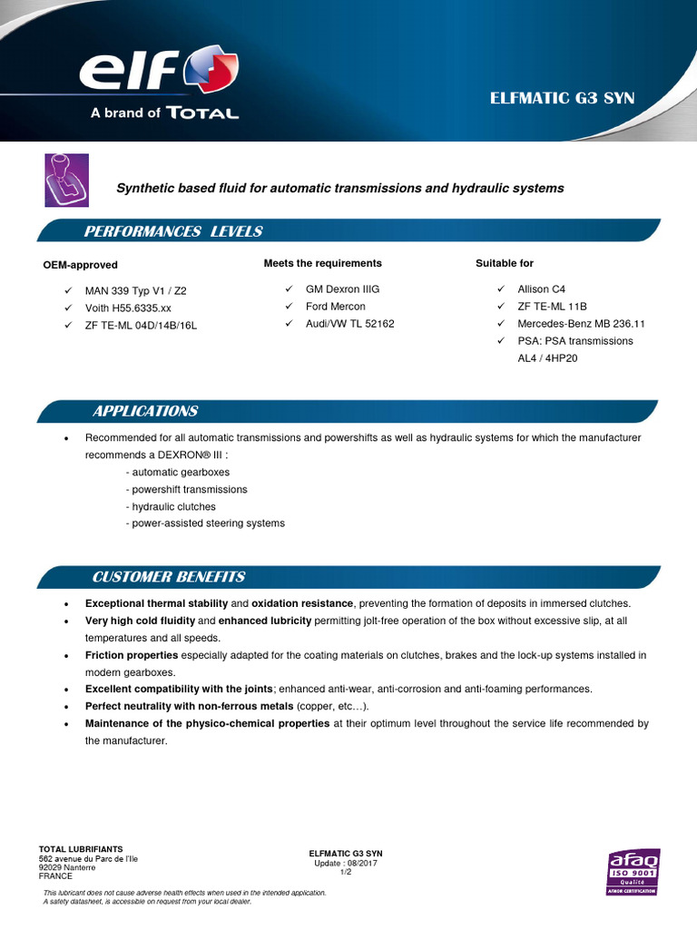Tds Elf Elfmatic g3 Syn Fud 201708 en | PDF | Automotive Industry ...