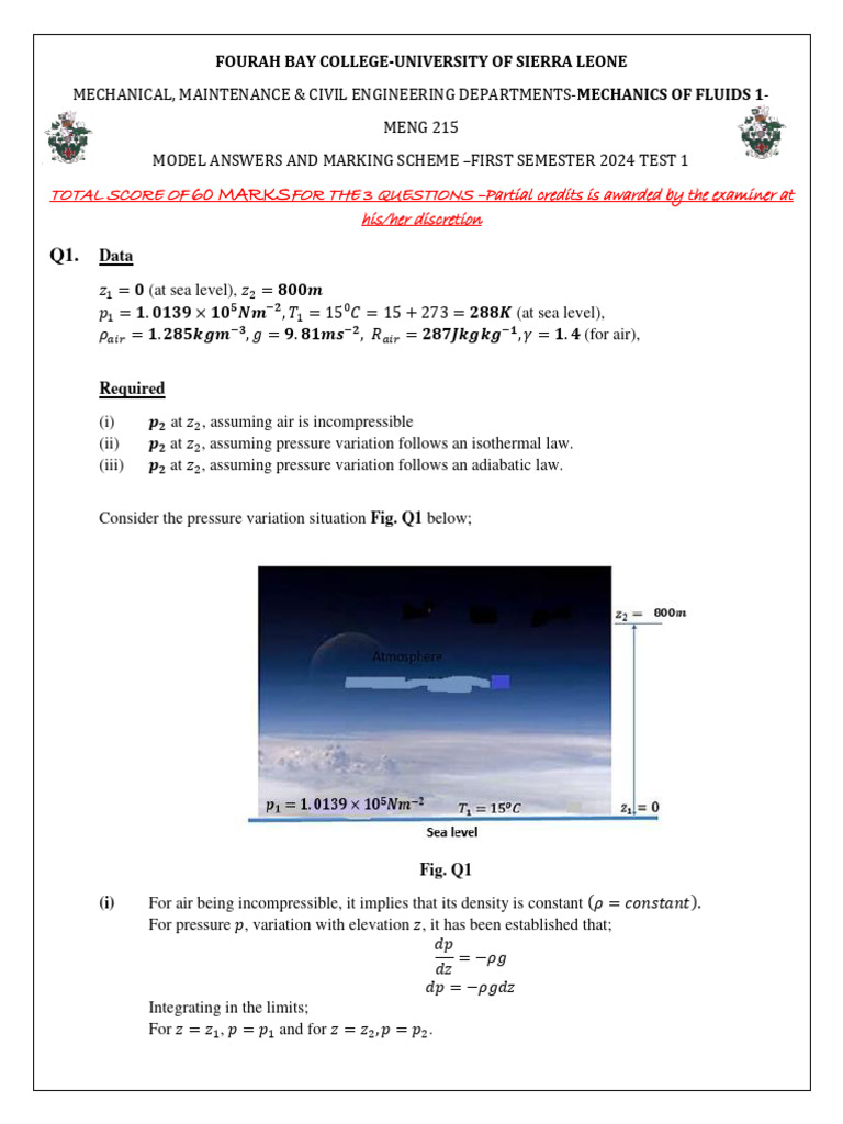 Fluid Mechanics 1 Meng 215-Test 1 Model Answers 2024 | PDF | Pressure ...