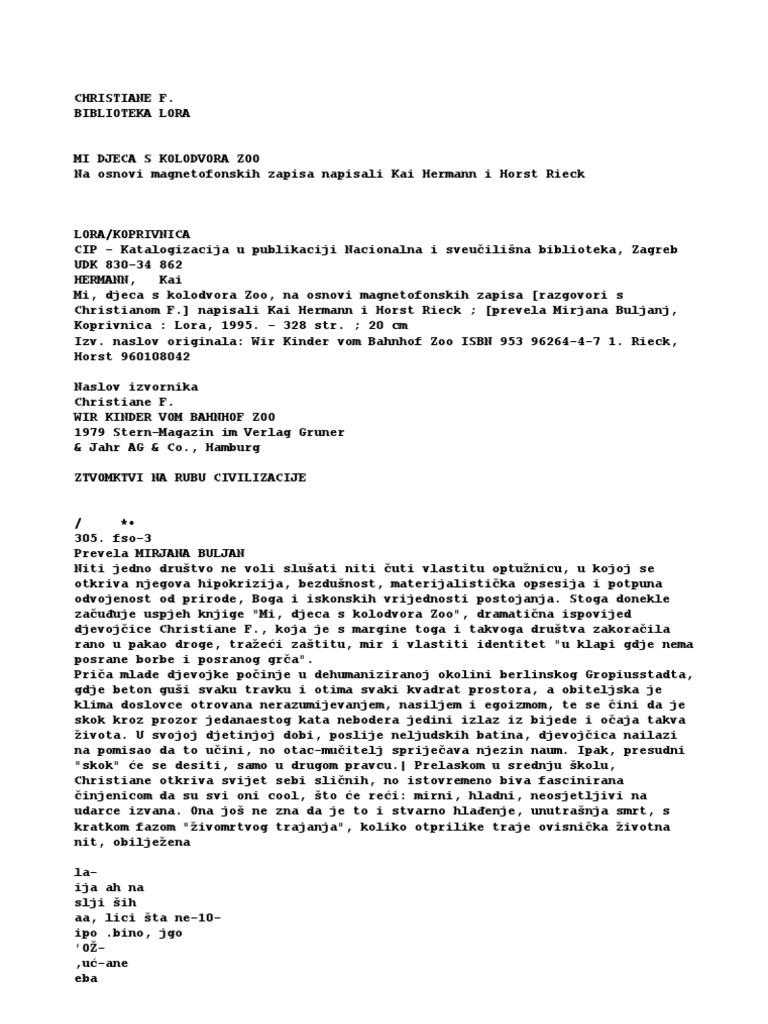 Christiane F Mi Djeca S Kolodvora Zoo Pdf