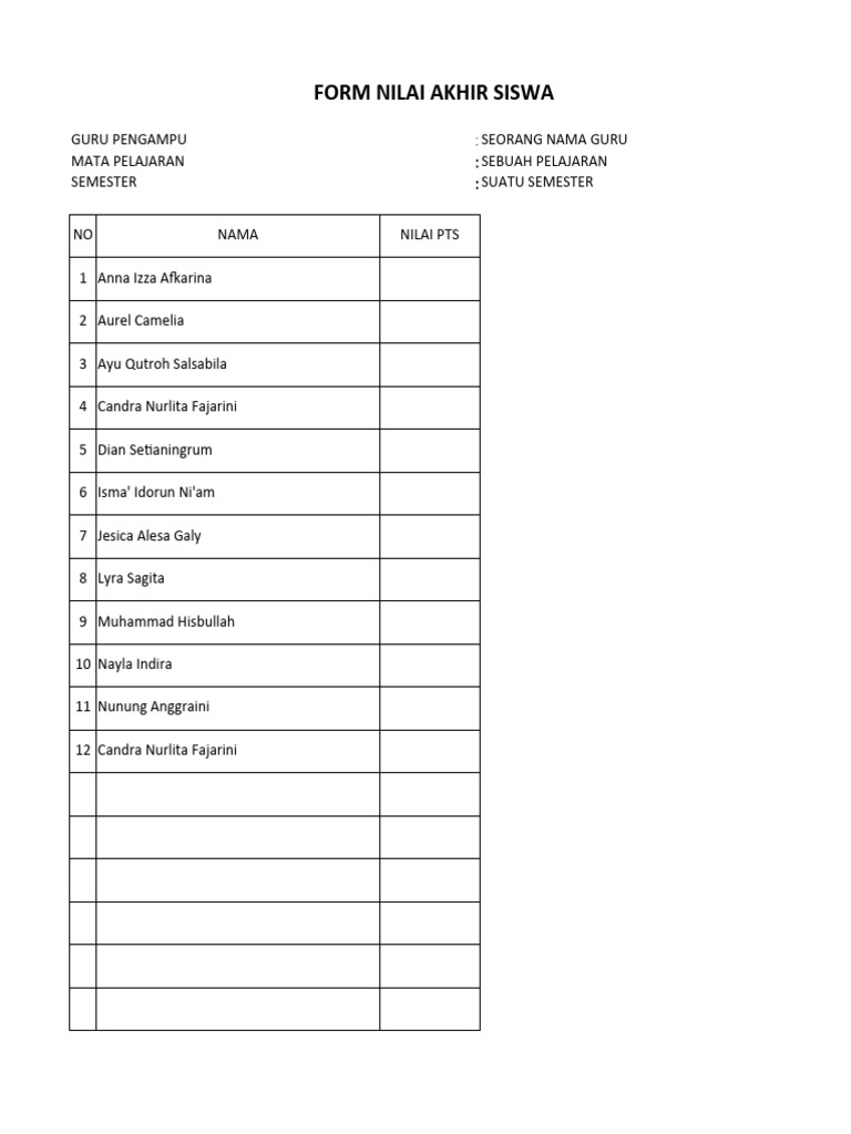 Form Nilai Akhir Siswa Semester | PDF