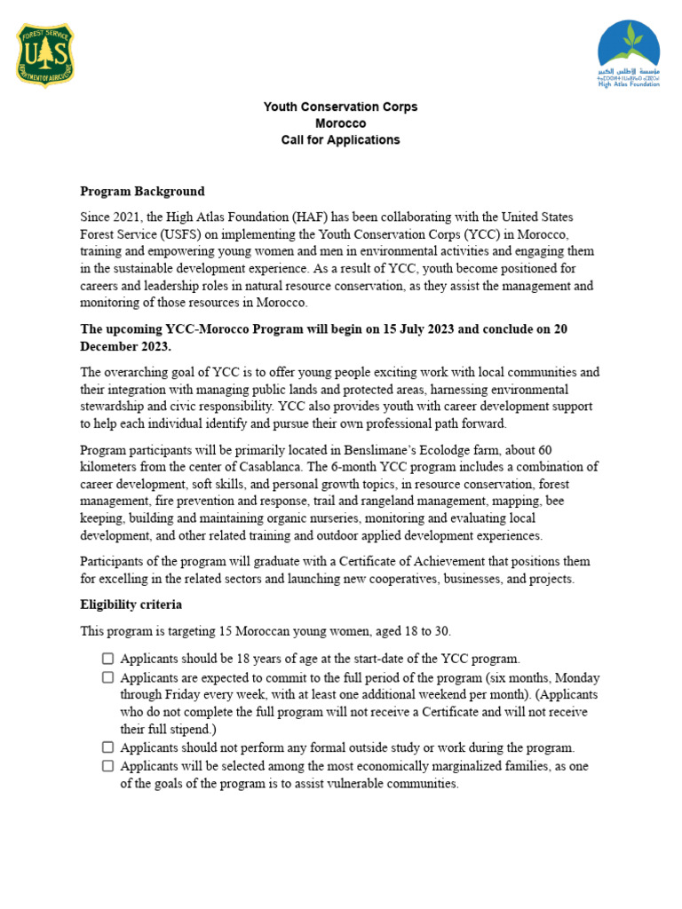 YCC Morocco: Call for Young Applicants | PDF | Natural Environment