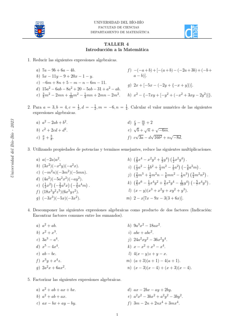 Taller de Expresiones Algebraicas | PDF | Matemáticas | Matemática ...