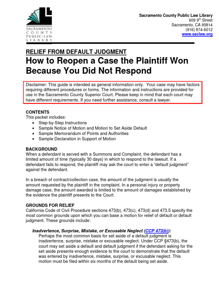 Relief from Default Judgment Guide | PDF | Default Judgment | Service ...