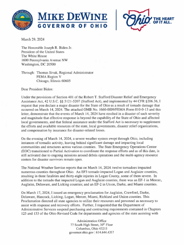 Gov. DeWine Letter To President Biden Requesting FEMA Assistance | PDF