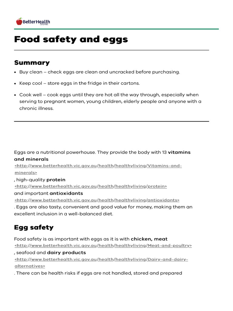 Food Safety and Eggs - Better Health Channel | PDF | Food Safety | Foods
