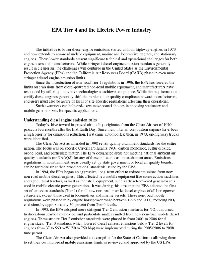 EPA Tier 4 and The Electric Power Industry | PDF | Clean Air Act ...