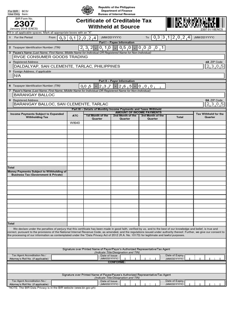 BIR Certificate of Creditable Tax Withheld | PDF | Withholding Tax ...