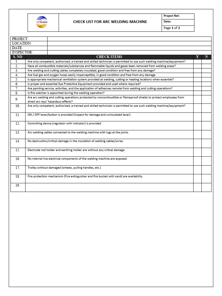 Checklist For ARC Welding Machine PDF Welding Construction