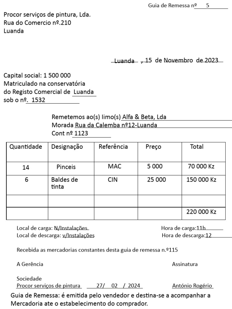 Guia de Remessa nº 5 - Procor Serviços | PDF