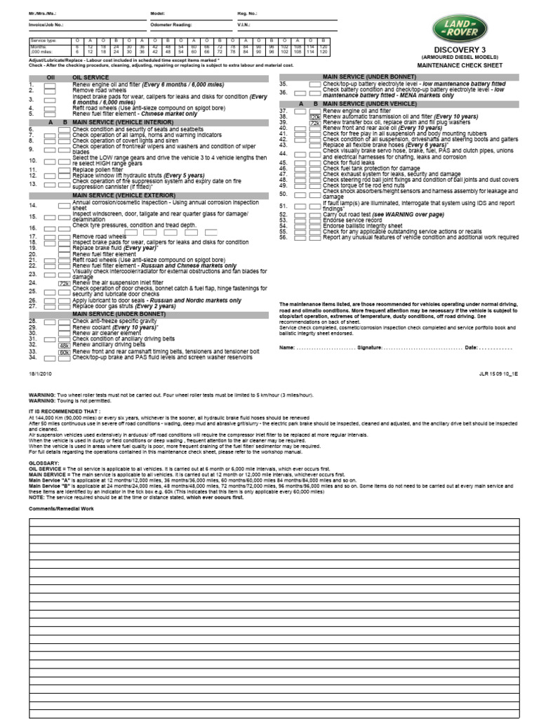 Discovery 3 Maintenance Checklist | PDF | Leak | Brake