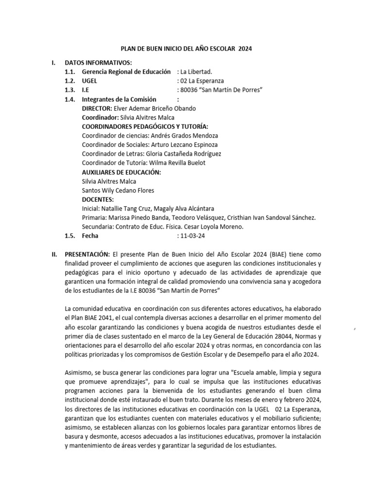 Plan de Buen Inicio Escolar 2024 | PDF | Escuelas | Juventud