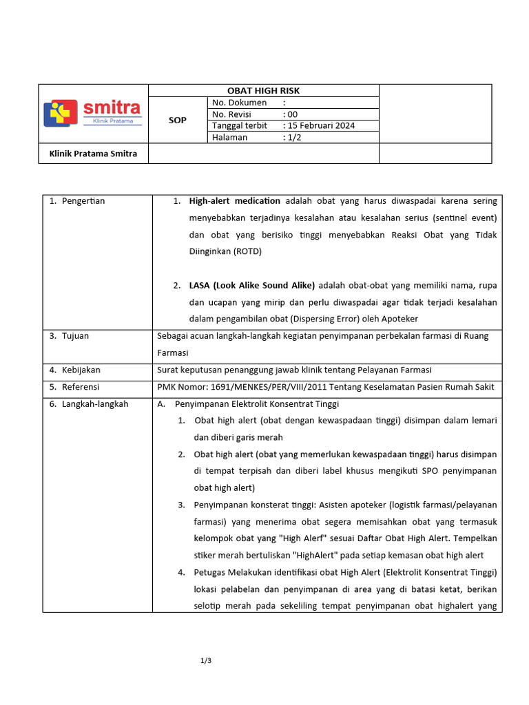 Sop Obat High Risk | PDF | Sains & Matematika