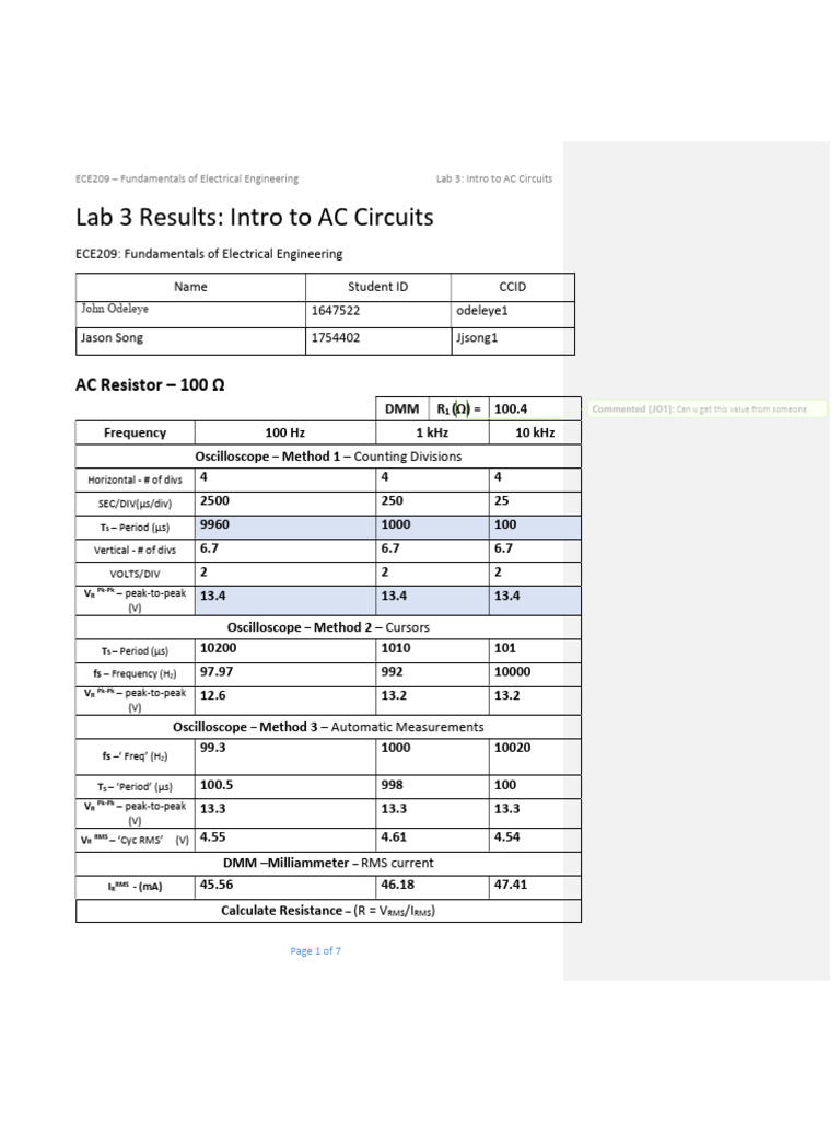 AC Circuit Analysis Lab Results | PDF | Electrical Impedance | Inductor