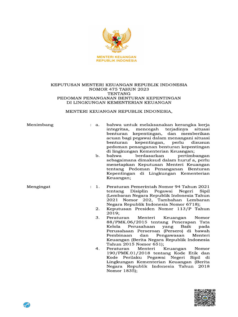 KMK No. 475 Tahun 2023 Tentang Pedoman Penanganan Benturan Kepentingan ...