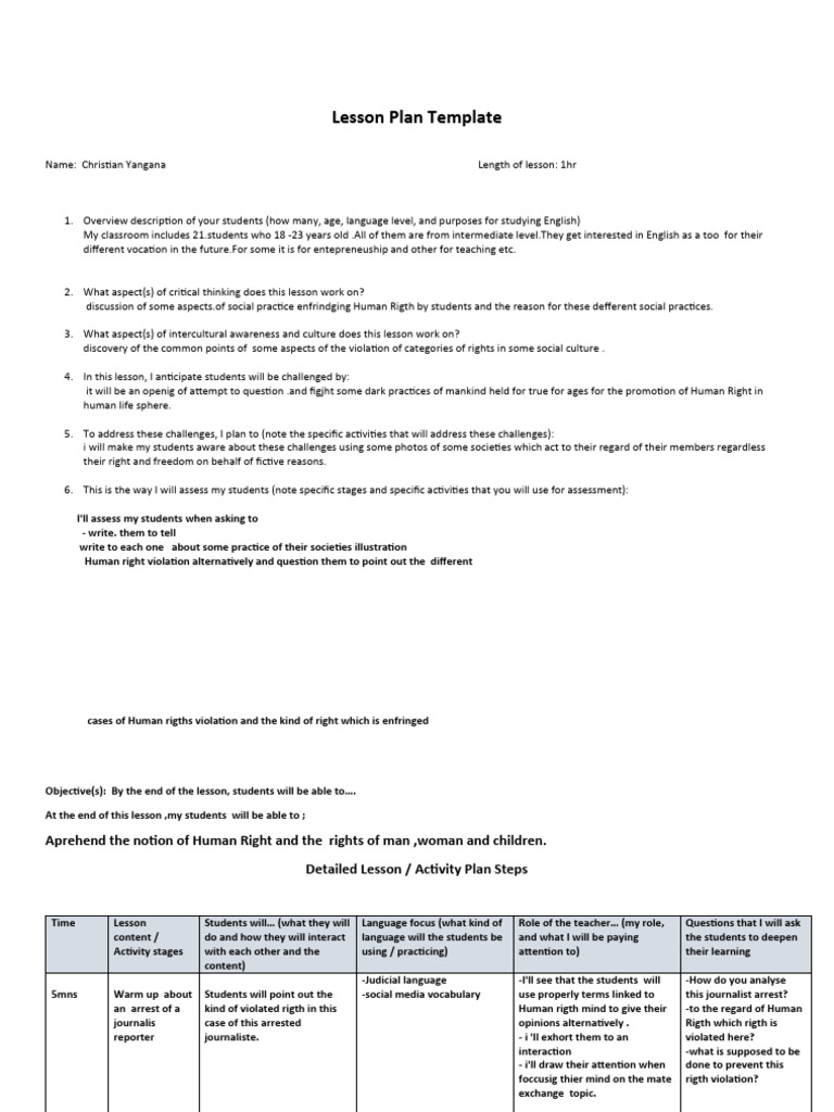 Human Rights Lesson Plan Template | PDF | Lesson Plan | Cognitive Science
