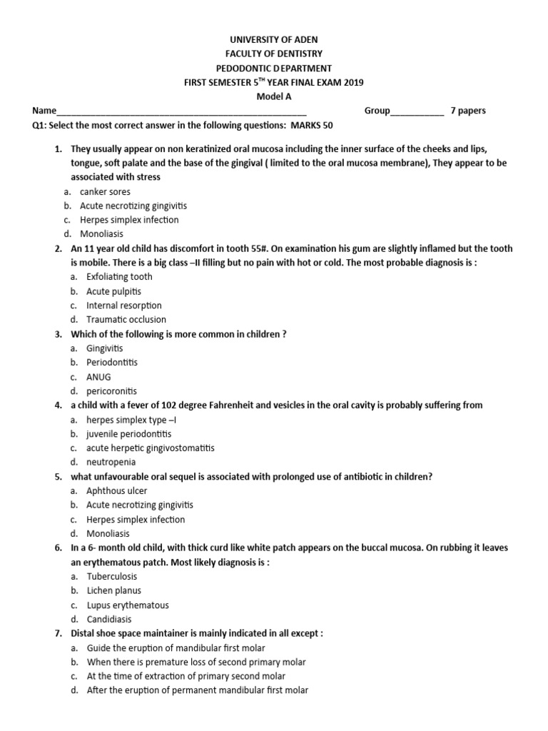 2019 Model B Final Exam 5th Year | PDF | Human Tooth | Tooth Enamel