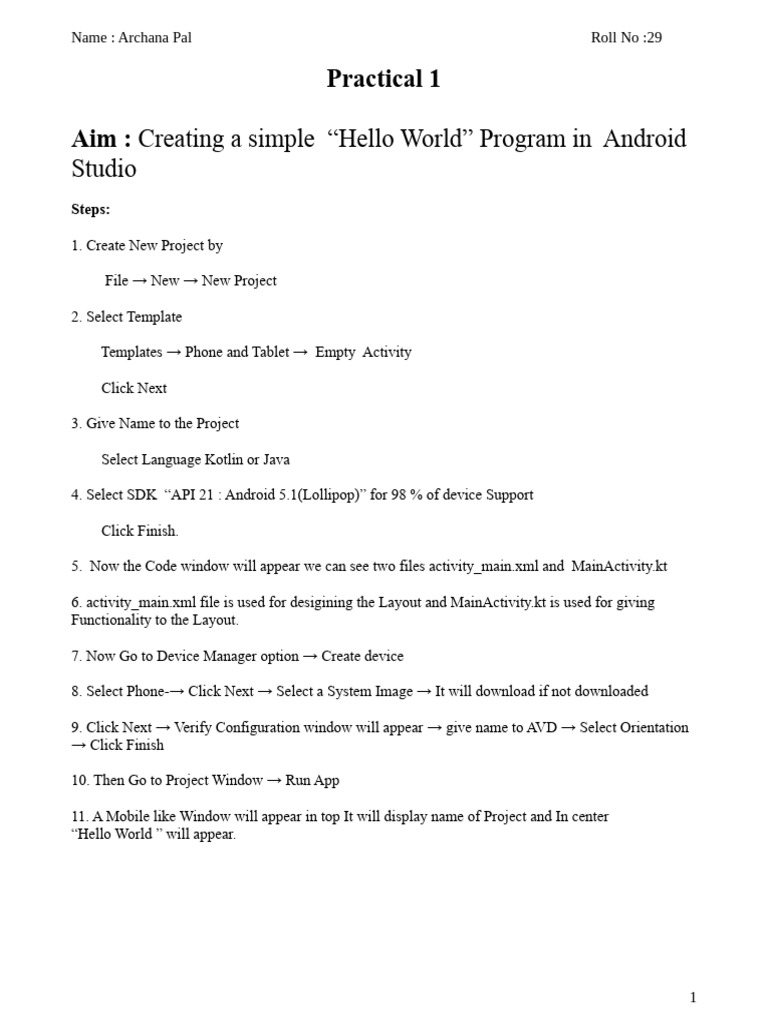 Studio: Practical 1 Aim: Creating A Simple 