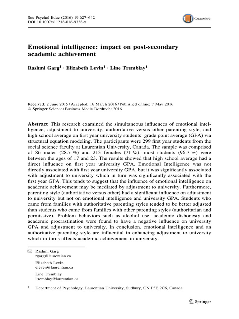 Emotional Intelligence and University GPA | PDF | Emotional ...