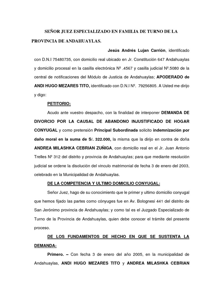 Demanda de Divorcio | PDF | Divorcio | Demanda judicial