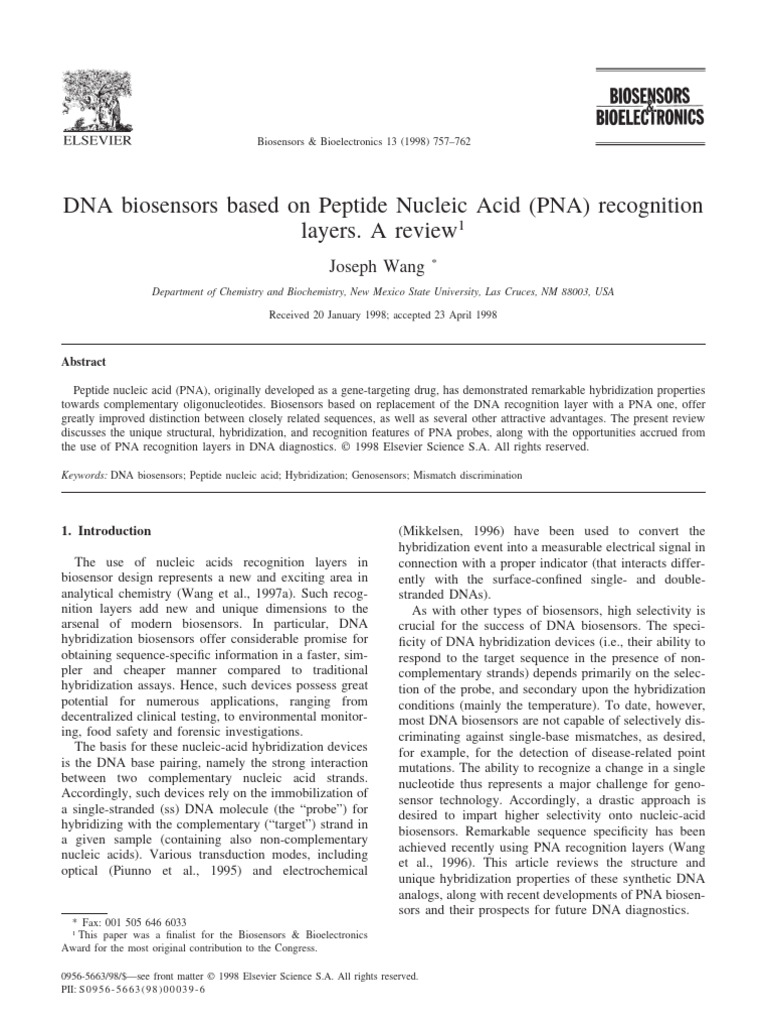 DNA Biosensors Based On Peptide Nucleic Acid PNA Recognition Layers A ...
